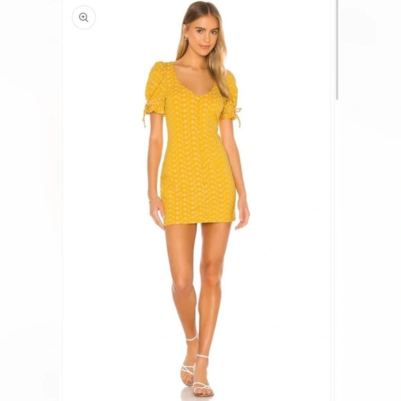 Tularosa Yellow Floral Eyelet Tie Sleeve Penny Mini Dress, Women’s Size Medium - Picture 3 of 8